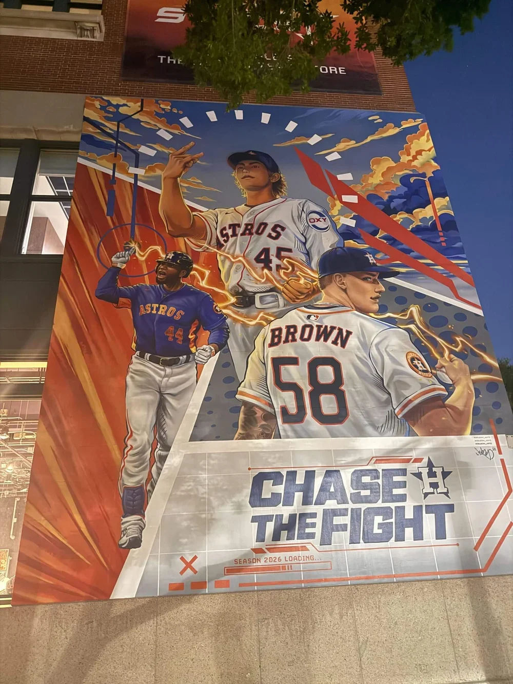 A mural depicts Tatsuya Imai, top, towering over Yordan Alvarez, left, and Hunter Brown.