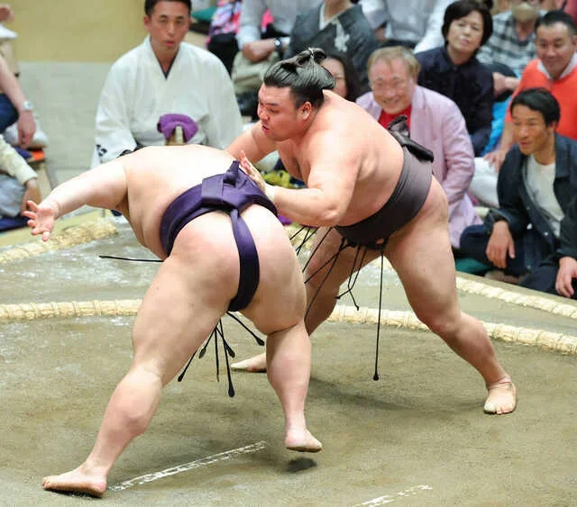義ノ富士(左)を突き落としで下す霧島(カメラ・中島 傑)