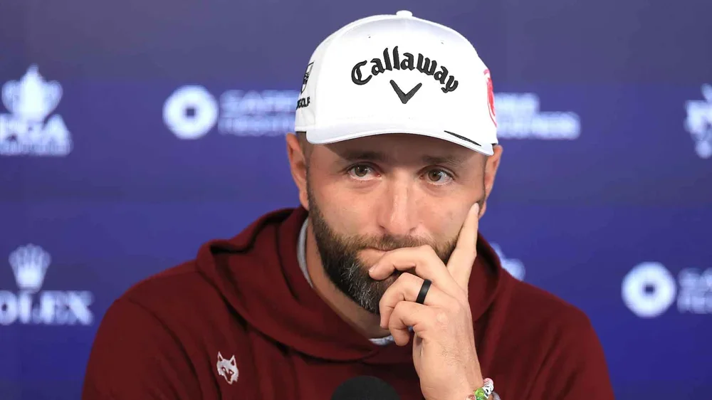 Jon Rahm looks on during a press conference at the 2026 PGA Championship